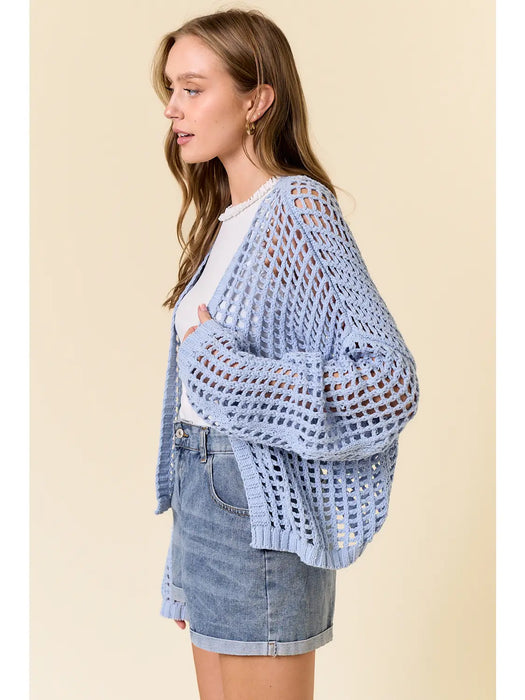 Fishnet Cropped Open Cardigan - Powder Blue