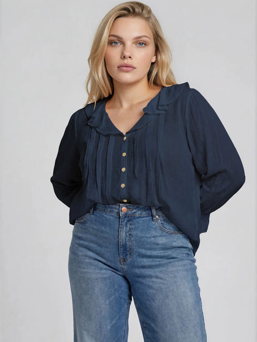 PLUS Navy Ruffled V Neck Button Down 3/4 Sleeve Blouse