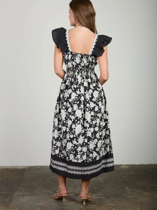 Black Floral Border Detail Smocked Waist Midi Dress
