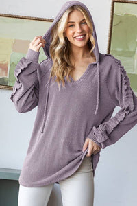 Ruffle Sleeve Ribbed Hoodie | S-3XL Plus