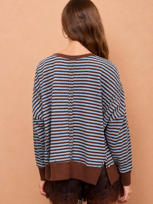 Blue/Brown Stripe Exposed Seam Long Sleeve Knit Top