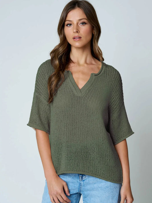 Olive Split Neck Raw Edge Sheer Crochet Knit Top