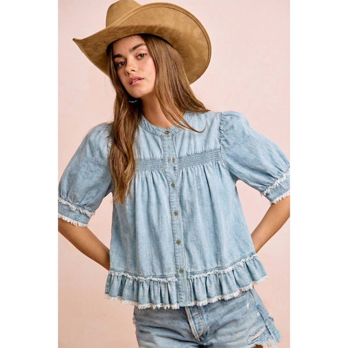Washed Light Denim Smocked Ruffled Hem Top