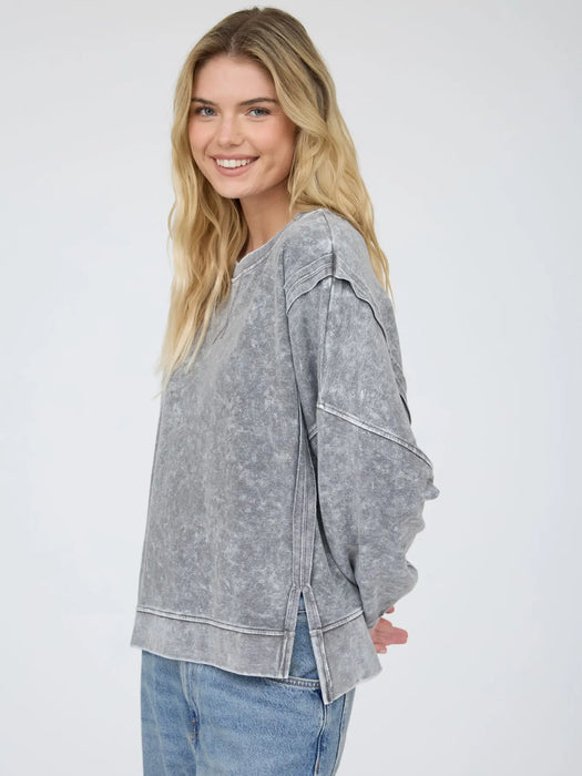Black Acid Wash Long Sleeve Side Slit Knit Top