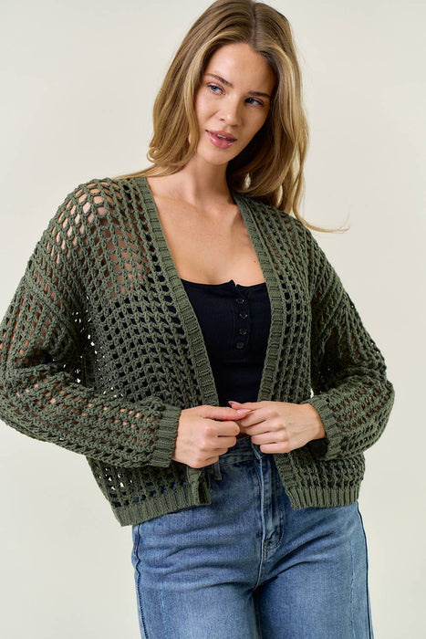 Crochet Fishnet Cropped Open Cardigan  - OLIVE