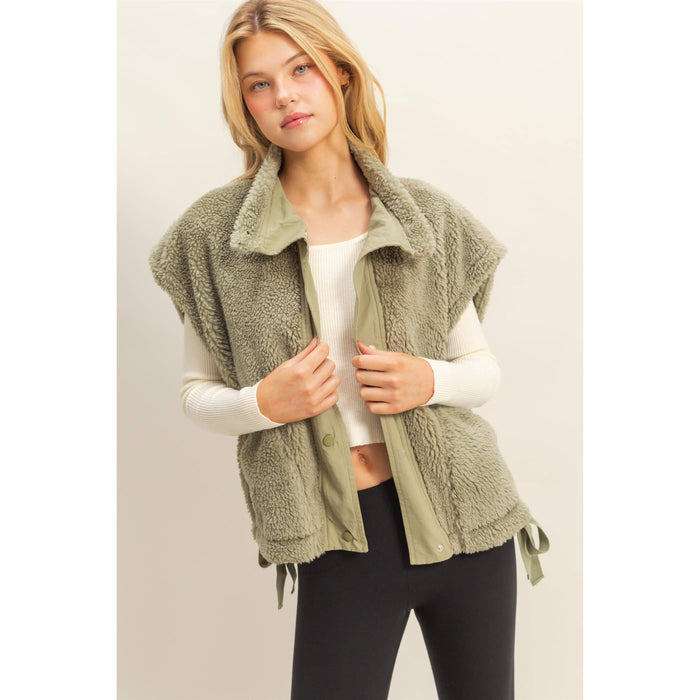Soft Olive Cozy Sherpa Vest Jacket with Tie-Up Side Details