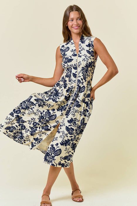 Navy & Ivory Paisley Smocked Waist Zip Front Midi Dress