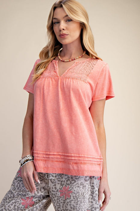 Coral Lace Trim Washed Cotton Top