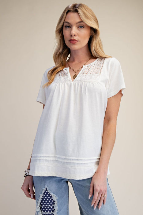 White Lace Trim Washed Cotton Top