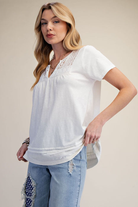 White Lace Trim Washed Cotton Top