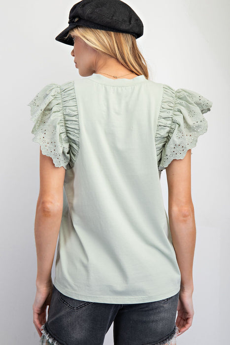 Eyelet Lace Wing Sleeve Cotton Knit Top
