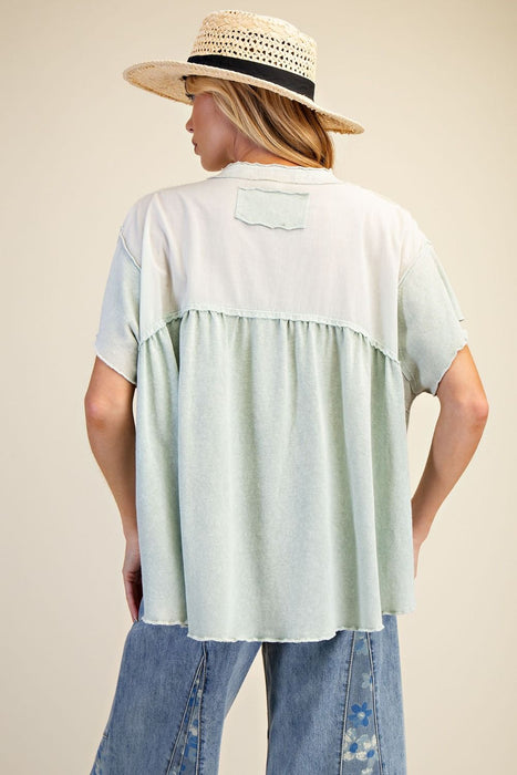 Dusty Blue/Green Button Down Washed Cotton Top OVERSIZED