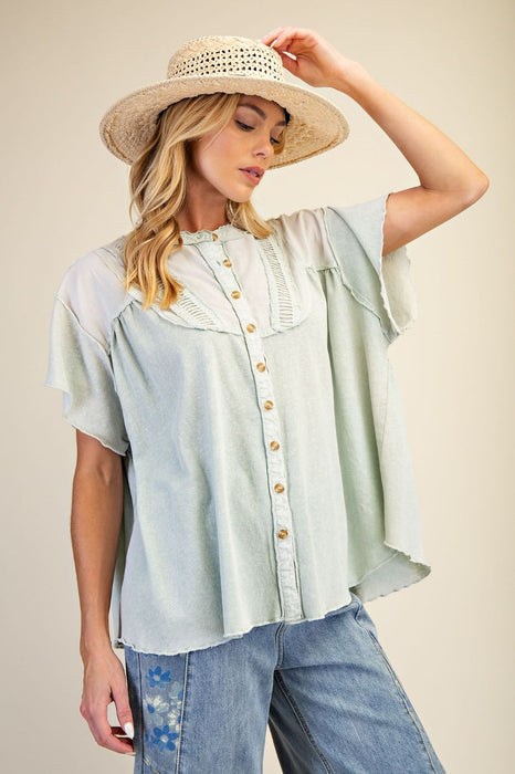 Dusty Blue/Green Button Down Washed Cotton Top OVERSIZED