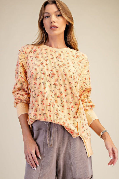 Floral Printed Mineral Washed Oversized Thermal Top