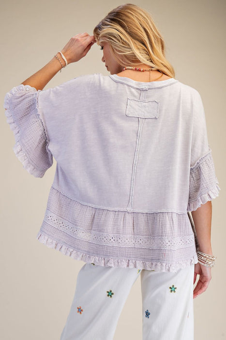 Dusty Lavender Lace Bottom Washed Babydoll Top