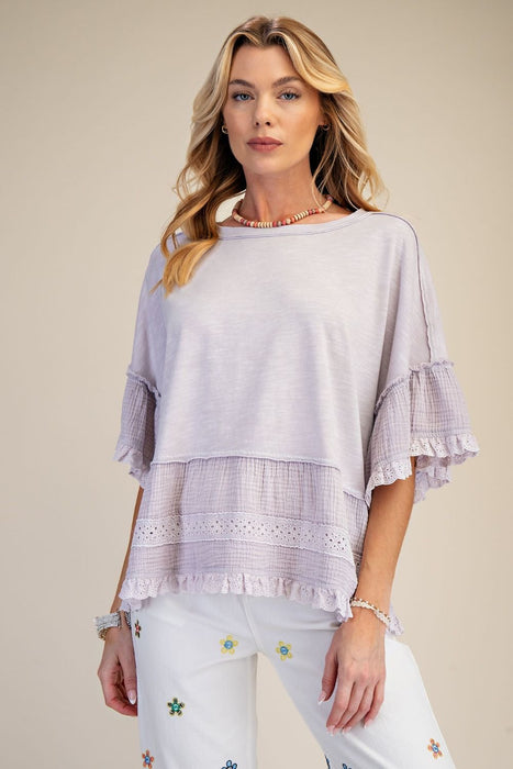 Dusty Lavender Lace Bottom Washed Babydoll Top