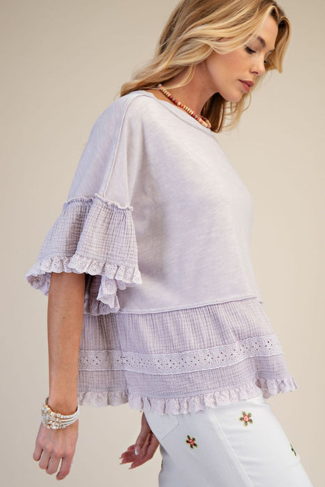 Dusty Lavender Lace Bottom Washed Babydoll Top
