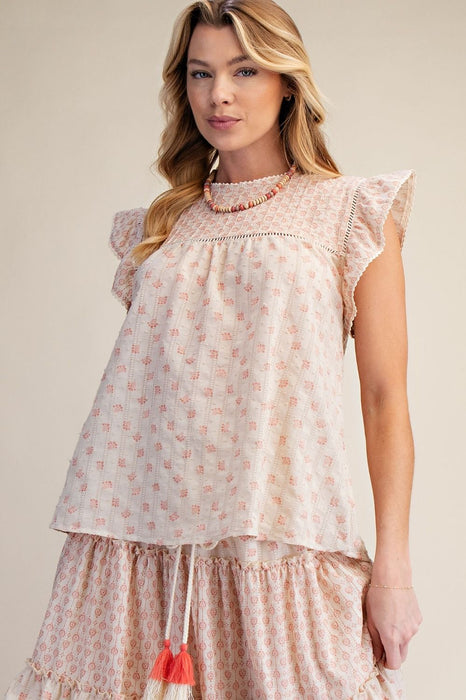 Coral Cap Sleeve Floral Print Linen Top