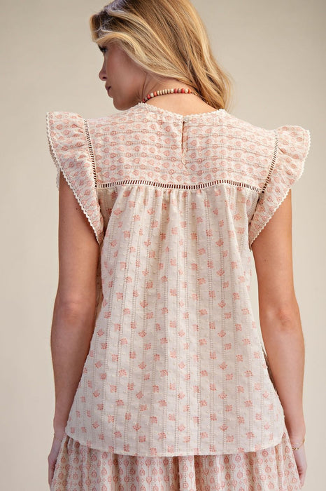 Coral Cap Sleeve Floral Print Linen Top