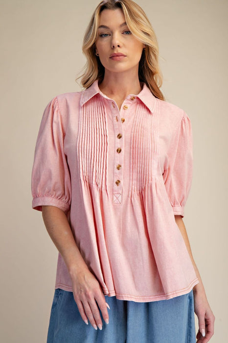 Pink Pintucked Washed Cotton Shirt Top