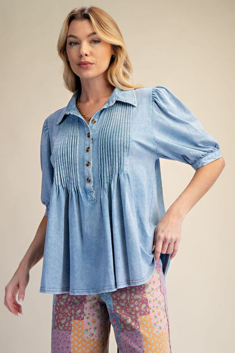 Blue Pintucked Washed Cotton Shirt Top