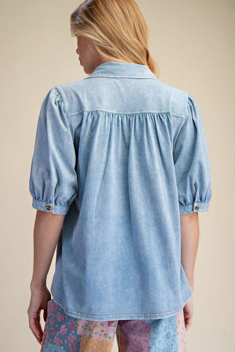 Blue Pintucked Washed Cotton Shirt Top