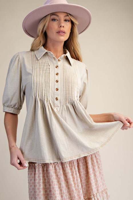 Khaki Pintucked Washed Cotton Shirt Top
