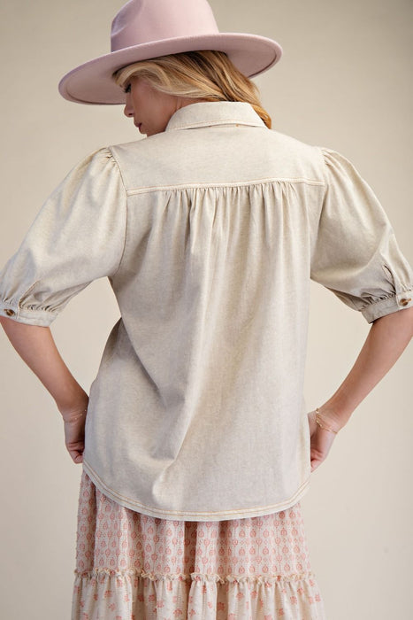 Khaki Pintucked Washed Cotton Shirt Top