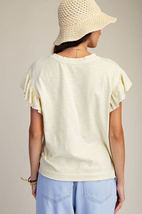 Wing Sleeve Cotton Slub Mineral Washed Knit Top - Lemon