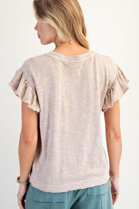 Wing Sleeve Cotton Slub Mineral Washed Knit Top - Mushroom