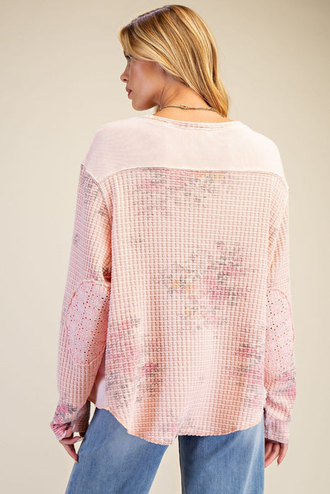 Pink Floral Printed Mineral Washed Thermal Top