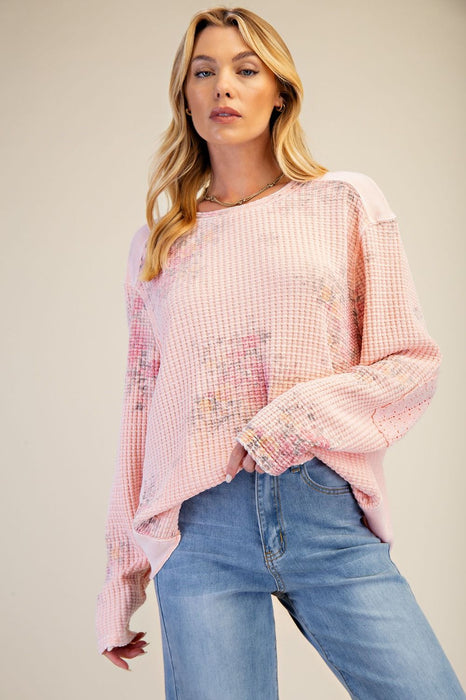 Pink Floral Printed Mineral Washed Thermal Top