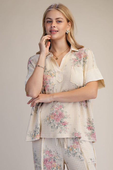 Natural Floral Print Oversized Washed Waffle Top