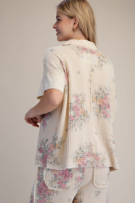 Natural Floral Print Oversized Washed Waffle Top