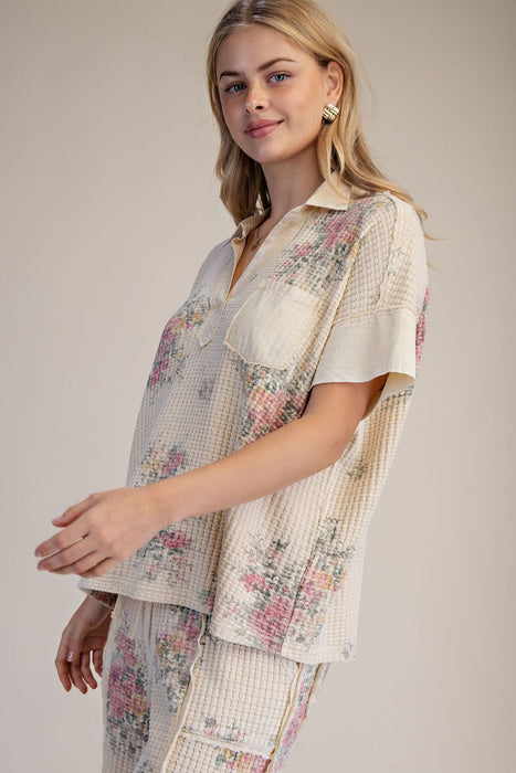Natural Floral Print Oversized Washed Waffle Top