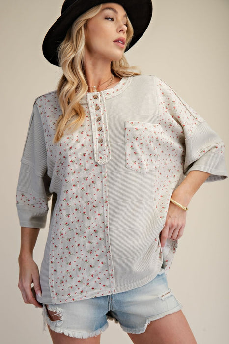 Printed Thermal Washed Henley Top