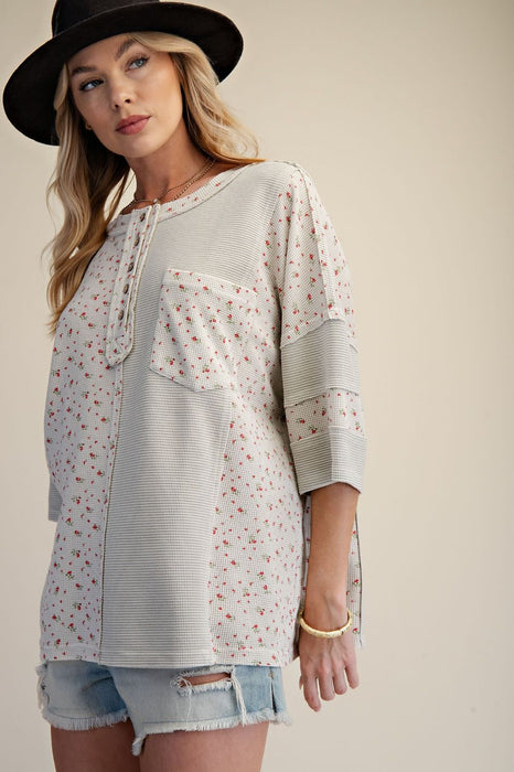 Printed Thermal Washed Henley Top