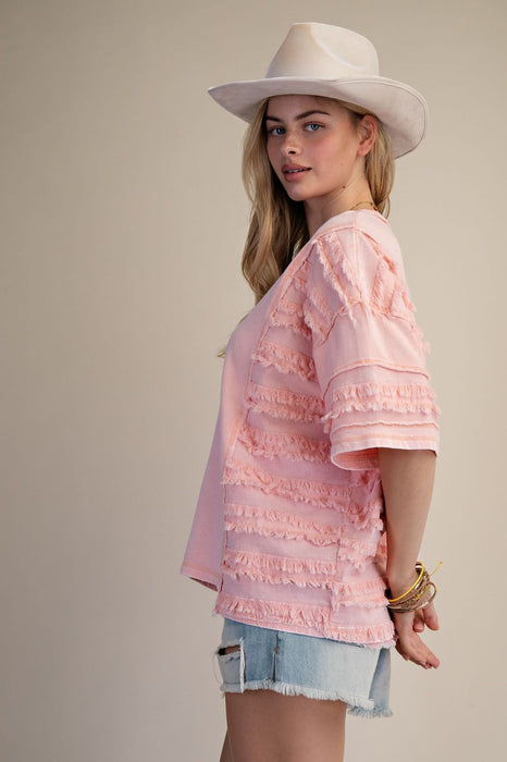 Coral Fray Contrast w/ Washed Terry Pullover