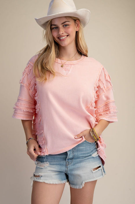 Coral Fray Contrast w/ Washed Terry Pullover