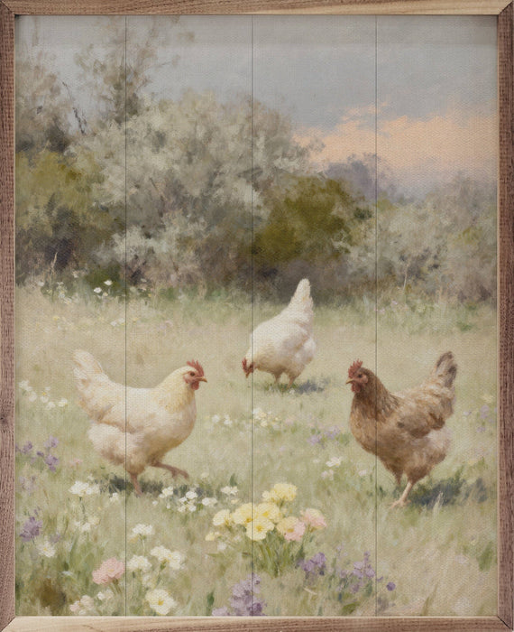 Chickens Playing In Pasture One Framed Wall Art