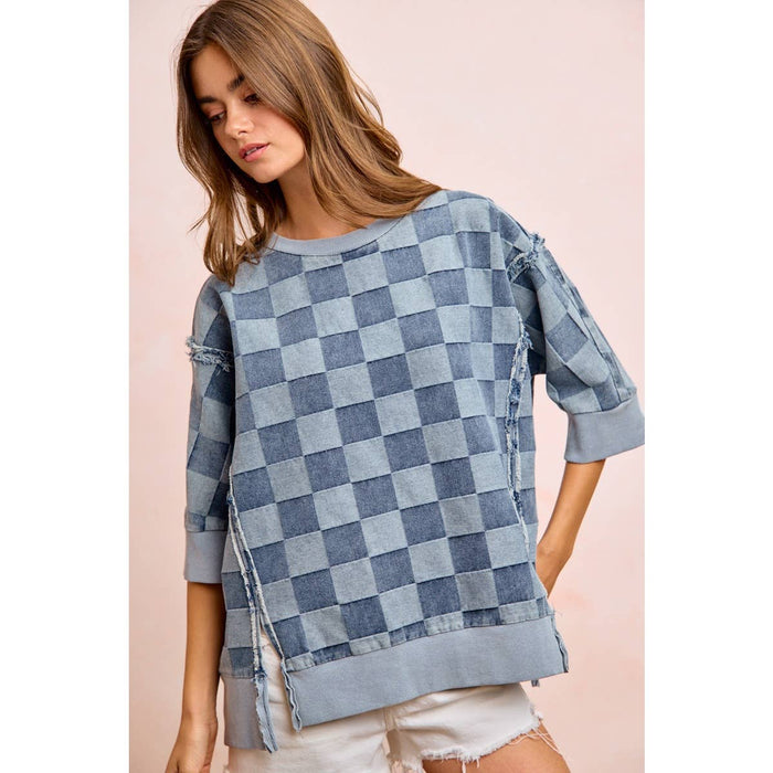 Denim Washed Checkered Short Sleeve Top