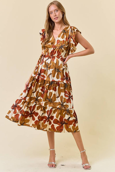 Floral Satin Ruffle Tiered Midi Dress
