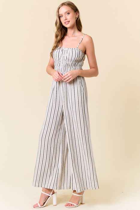 Linen Blend Stripe Wide Leg Jumpsuit W/ Pockets