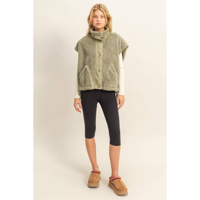 Soft Olive Cozy Sherpa Vest Jacket with Tie-Up Side Details