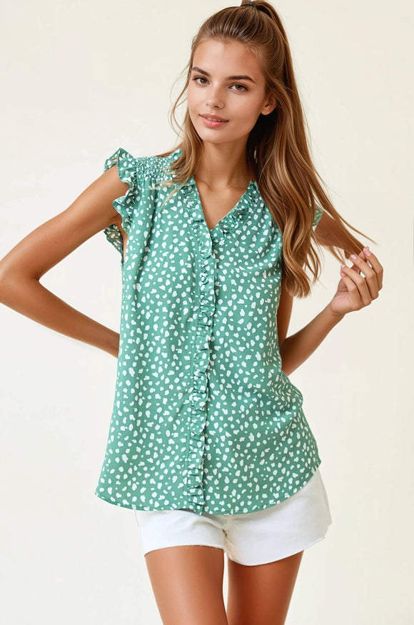 Green Smocked Frilled Top
