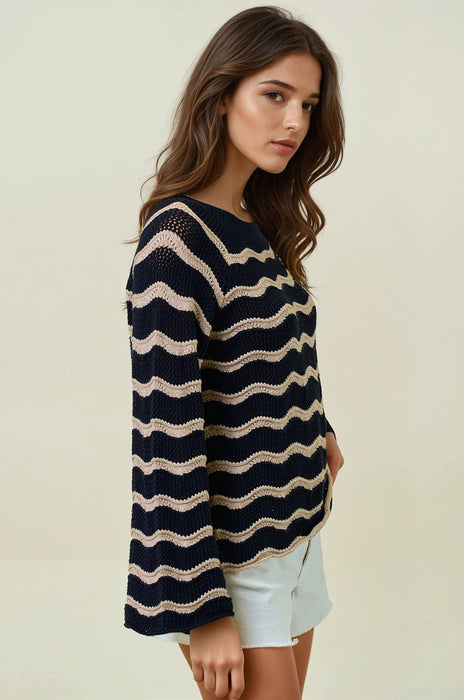 Striped Pointelle Bell Sleeve Sweater Top
