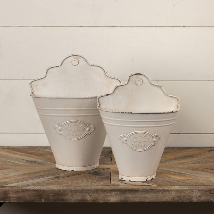 Aged White Metal Flower Wall Buckets