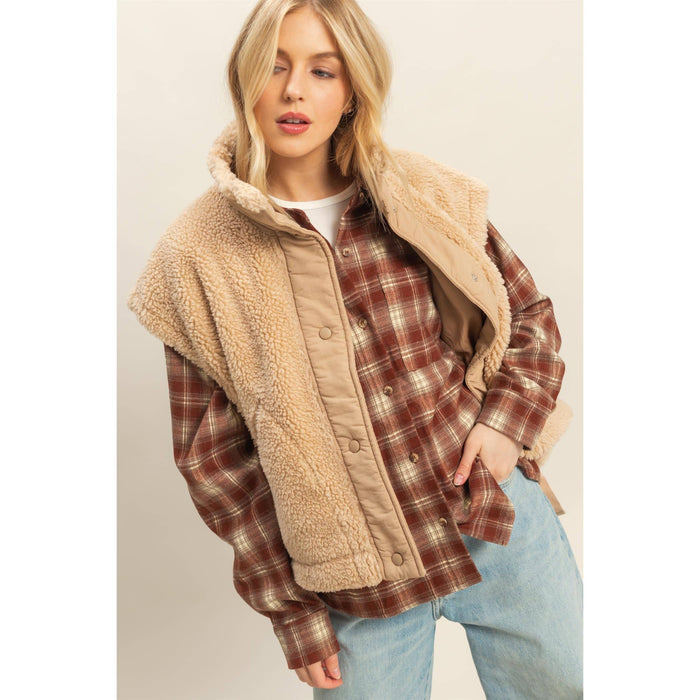 Beige Cozy Sherpa Vest Jacket with Tie-Up Side Details