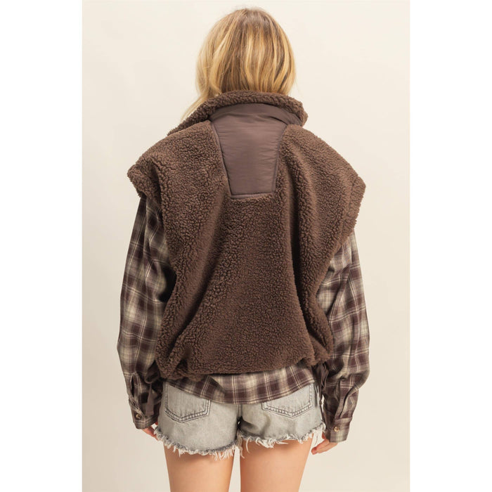 Brown Cozy Sherpa Vest Jacket with Tie-Up Side Details