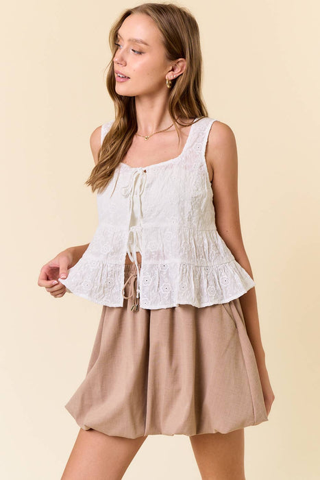 Floral Embroidered Front Tie Sleeveless Ruffle Top